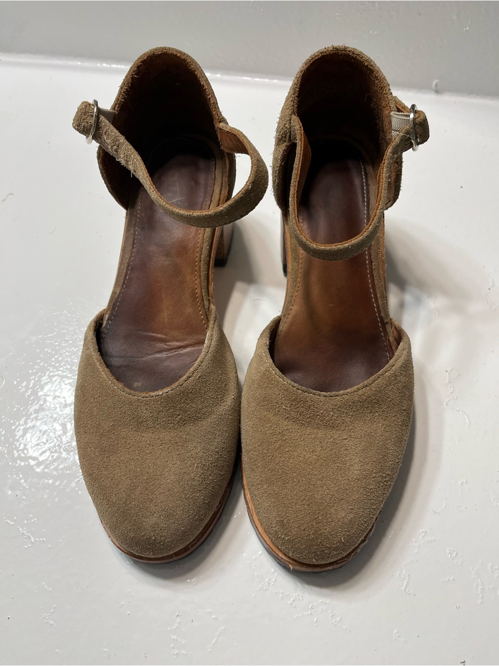 Classic Tan Suede Ankle-Strap Wedge Heels - Picture 4 of 4